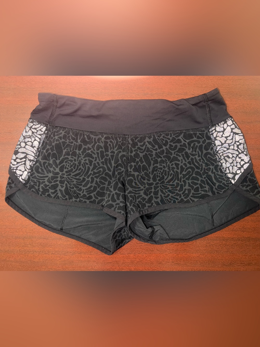 lululemon athletica Black Floral-Print Athletic Shorts with Contrast Panels
